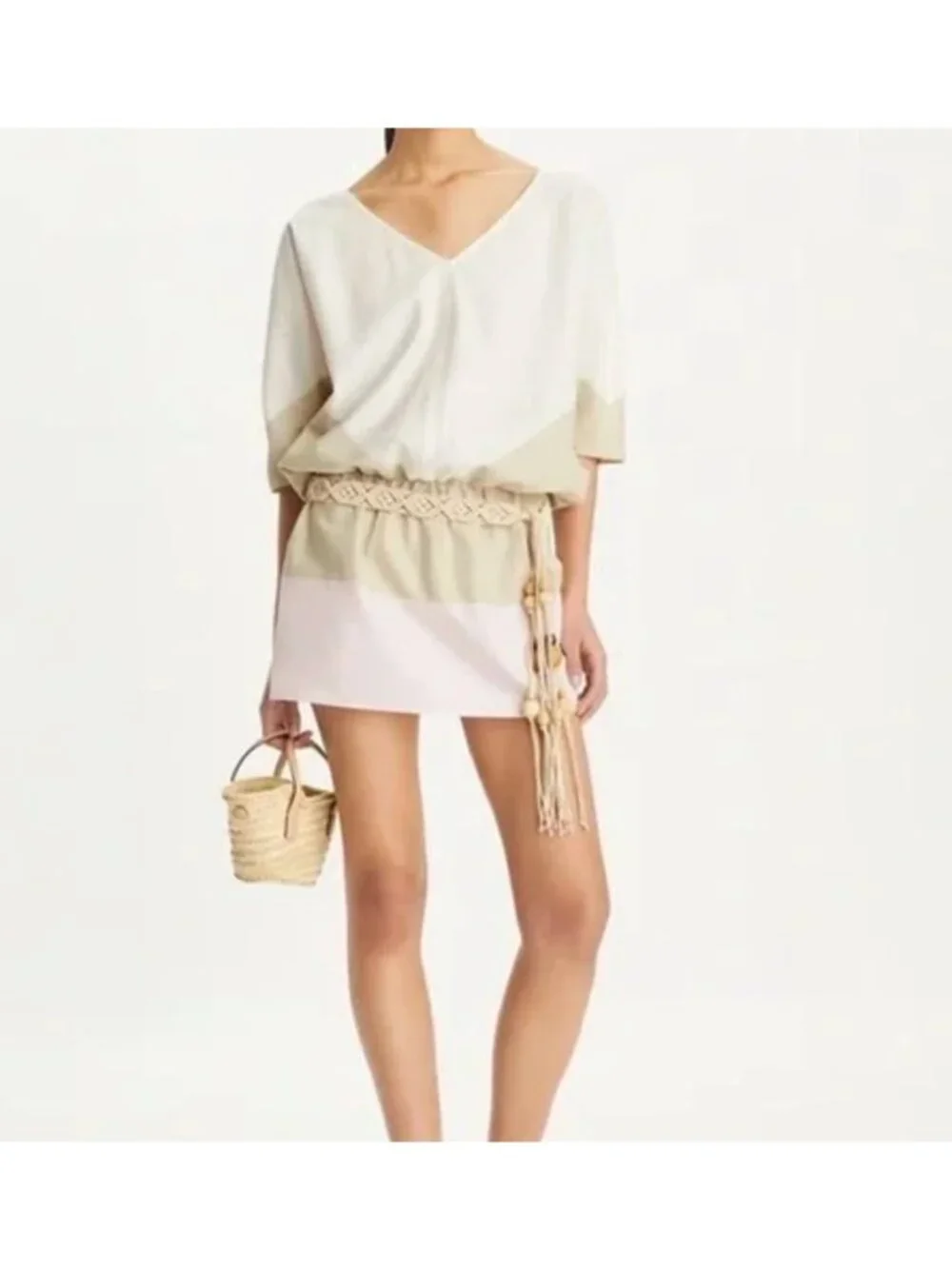 Tory Burch Linen Colorblock Linen Flounce Dress belted multicolor beach casual